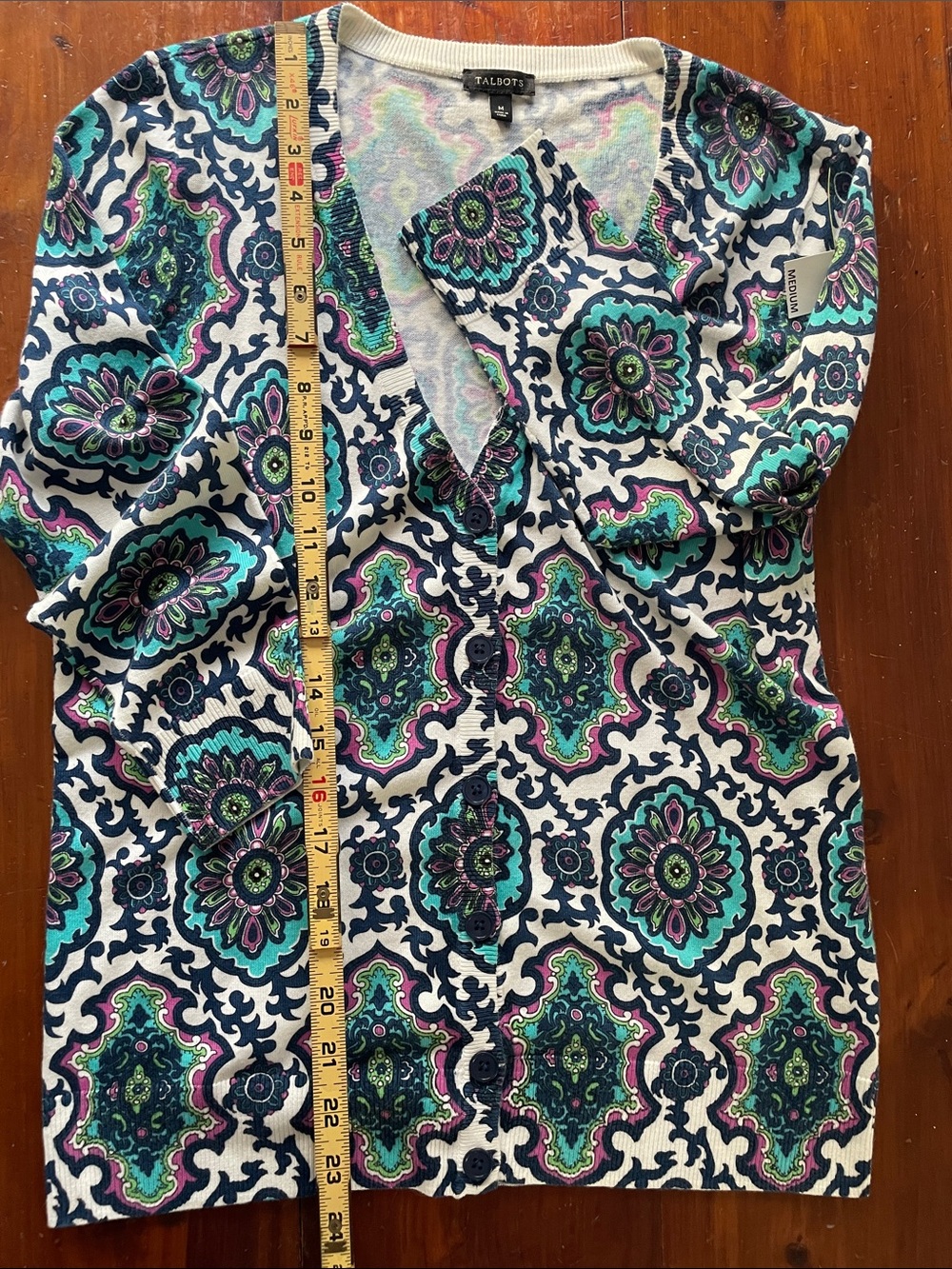 Talbots Teal, Navy & White Medallion Cardigan - Picture 6 of 9